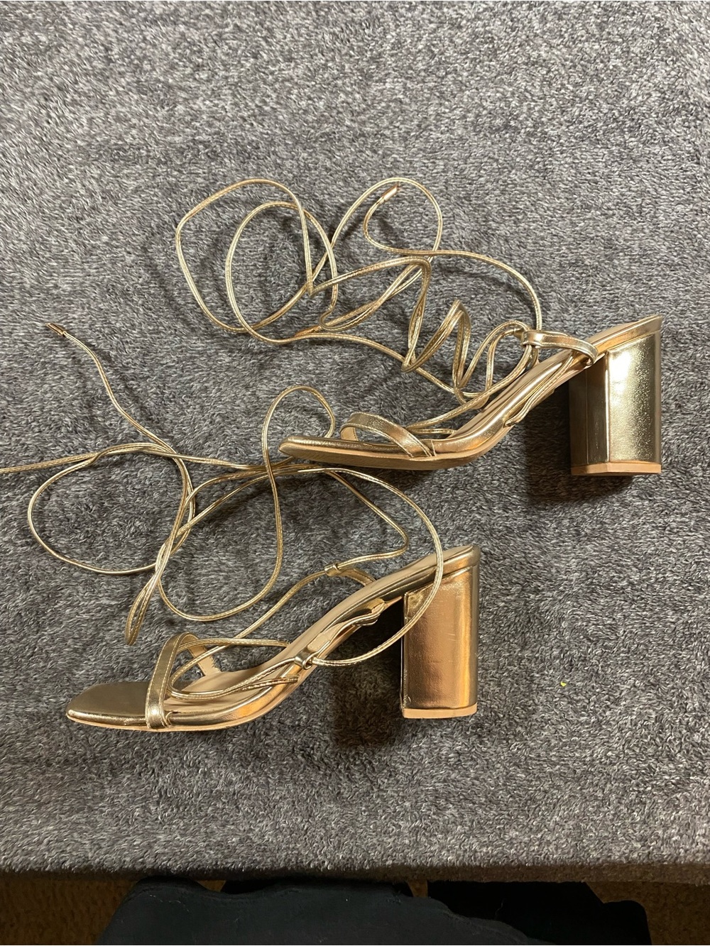 Genshuo Metallic Gold Lace-Up Block Heel Sandals